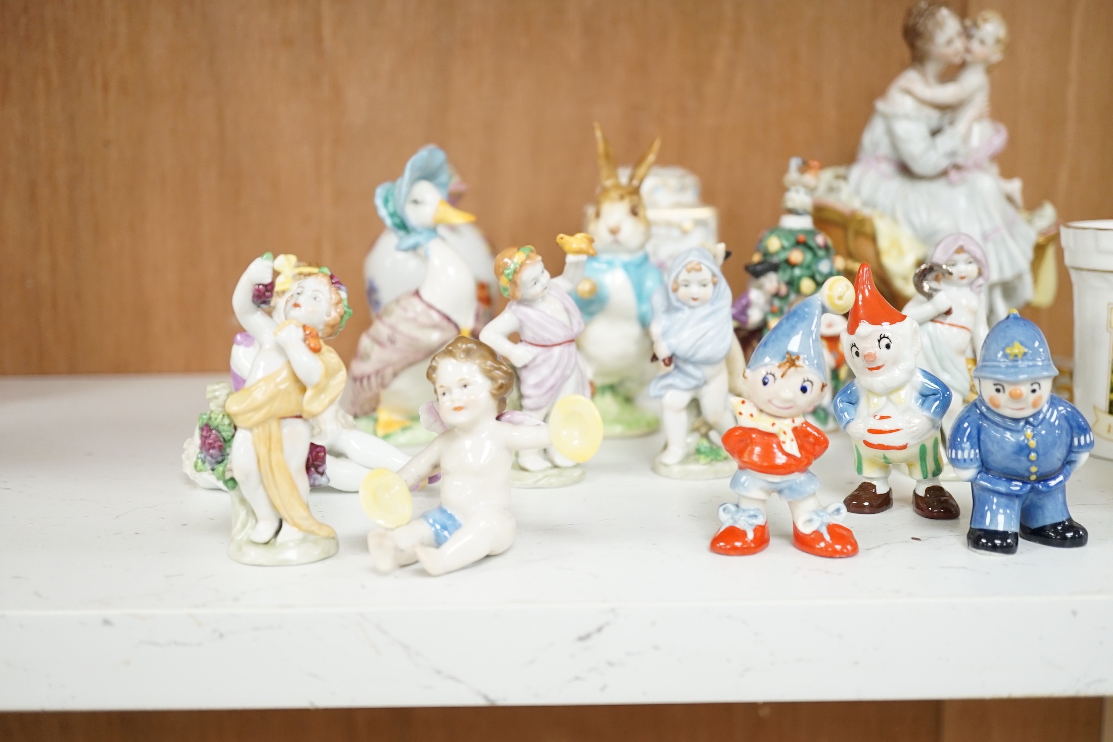 A small group of various porcelain figures etc. including Beatrix Potter and continental porcelain
